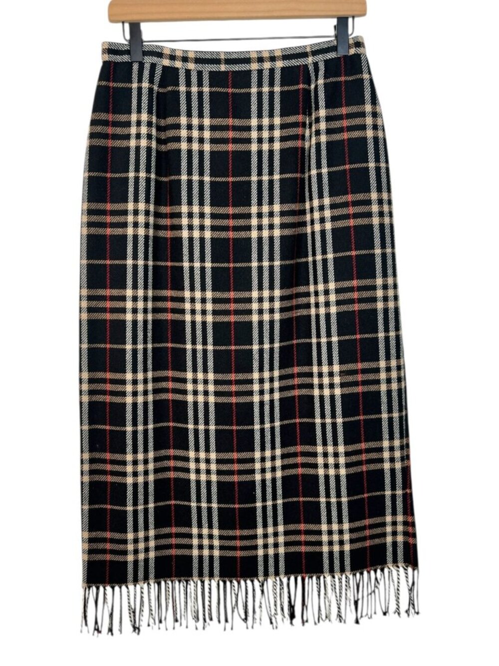 Vintage Briggs petite Plaid Midi Skirt Fringe Trim Wool Blend black Tan 10P